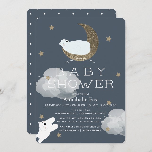 Stars & Moon Polar Bears Navy Baby Shower Invitation (Front/Back)