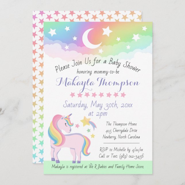 Stars & Moon Rainbow Magical Unicorn Baby Shower Invitation (Front/Back)