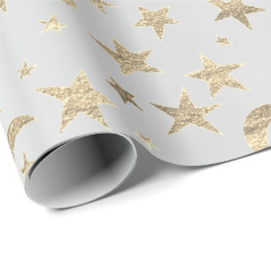 Stars Moon Silver Gray Gold Metallic Sky Champaign Wrapping Paper