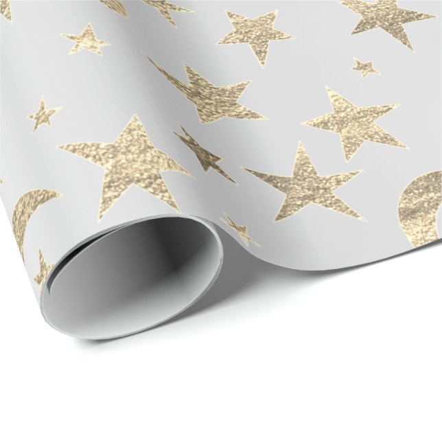 Stars Moon Silver Gray Gold Metallic Sky Champaign Wrapping Paper (Roll Corner)