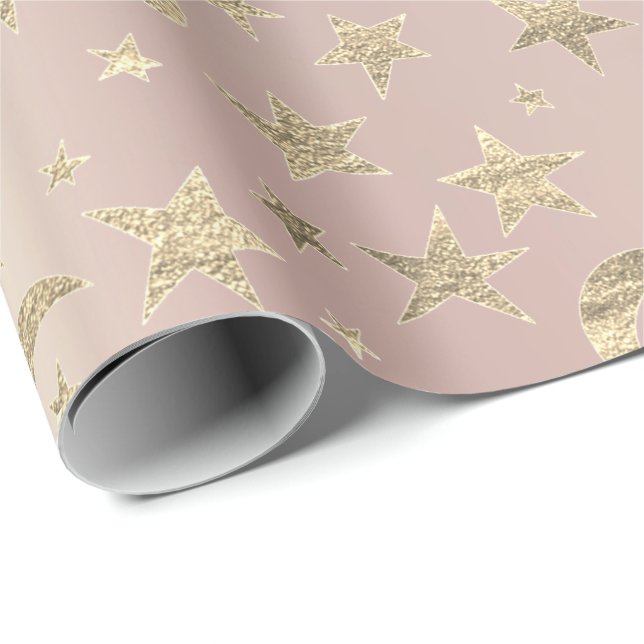 Stars Moon Skinny Blush  Gold Metal Sky Champaign Wrapping Paper (Roll Corner)