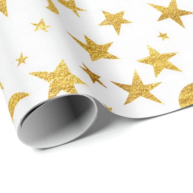 Stars Moon Sky  Gold White Galaxy  Elegant Chic Wrapping Paper (Roll Corner)