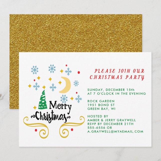 Stars, Moon, Snowflakes, and Merry Christmas, ZPR Invitation (Front/Back)