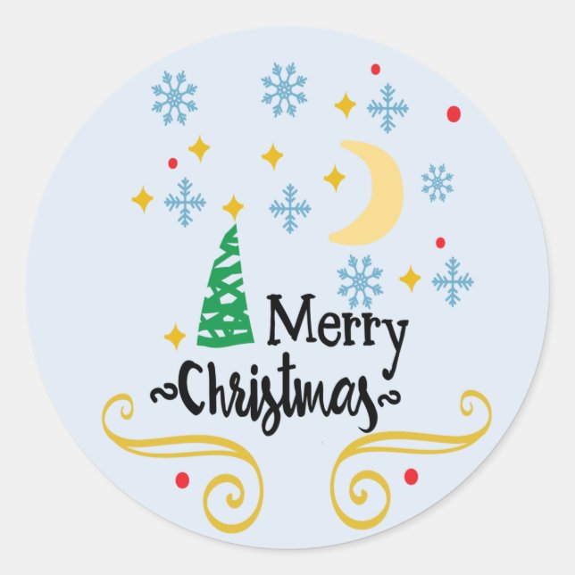 Stars, Moon, Snowflakes, and Merry Christmas, ZSSG Classic Round Sticker (Front)