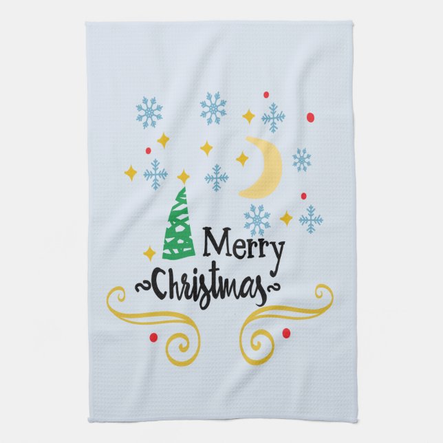 Stars, Moon, Snowflakes, and Merry Christmas, ZSSG Tea Towel (Vertical)