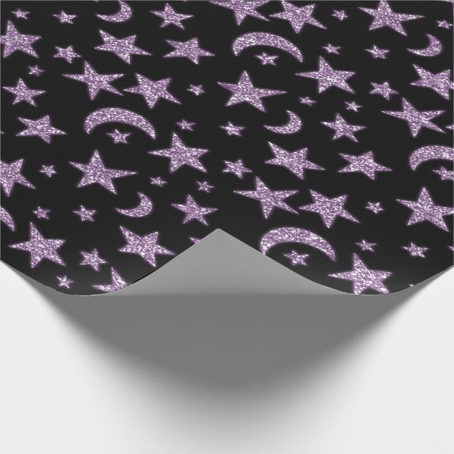Stars Moon Sparkly Lavender Purple Violet Black Wrapping Paper (Corner)
