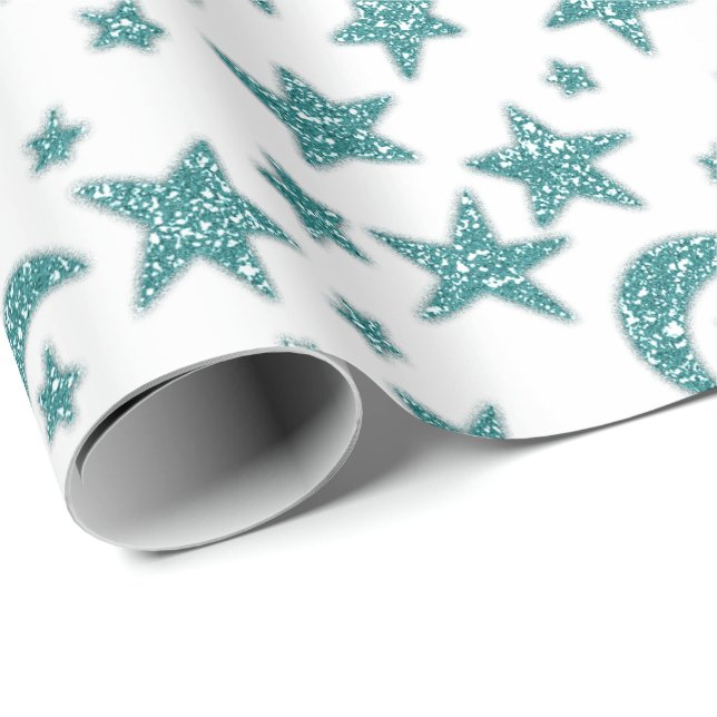 Stars Moon Sparkly Teal Aqua Blue White Wrapping Paper (Roll Corner)