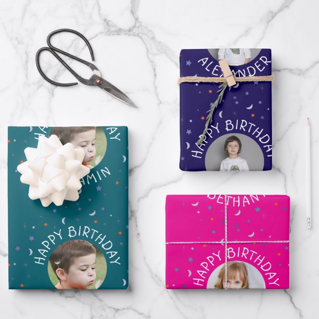 Stars Moon Sun Wrapping Paper Flat Sheet Set of 3 (Front)