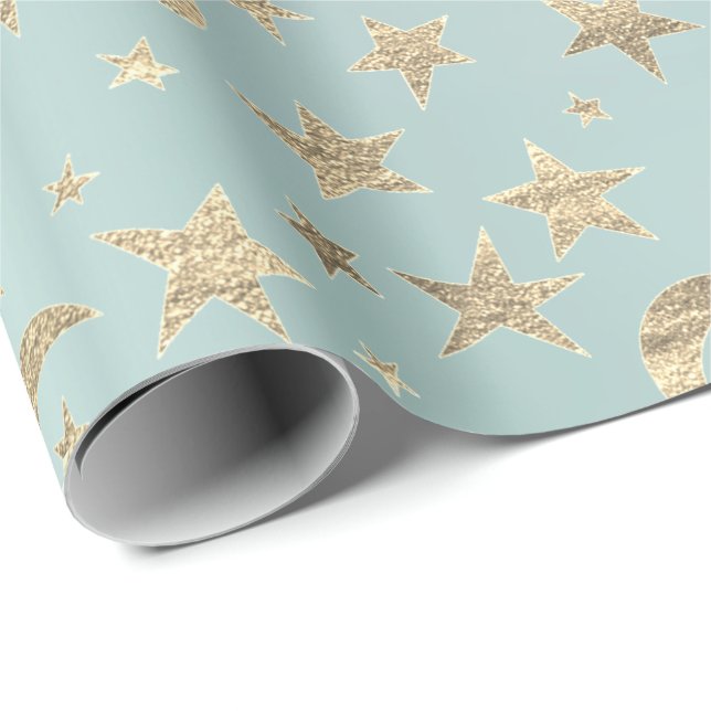 Stars Moon Tiffany Aqua Gold Metal Sky Champaign Wrapping Paper (Roll Corner)