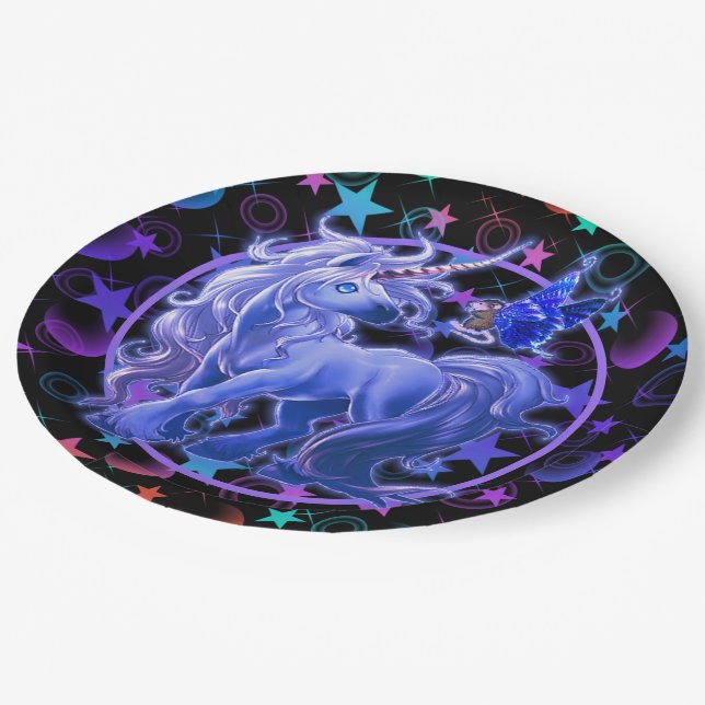 Stars 'n Stuff Blue Unicorn Paper Plate (Angled)