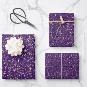 Stars Night Sky Celestial Purple and Gold Pattern Wrapping Paper Sheet