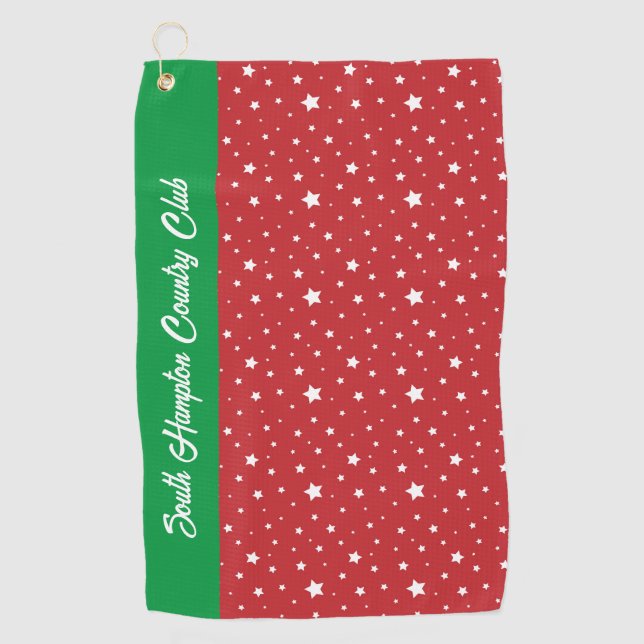 Stars on Christmas Red Golf Towel Custom Club Name (Front)