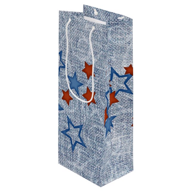 Stars on Denim Wine Gift Bag (Front Angled)