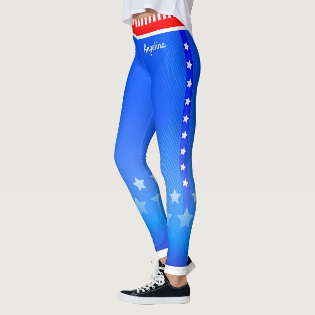 Stars on Side Stripes with Your Name on Light Blue Leggings (Left)