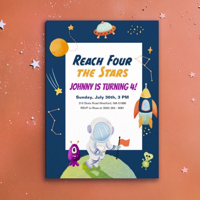 Stars Outer Space Kids 4th Birthday Party Invites (Creator Uploaded)