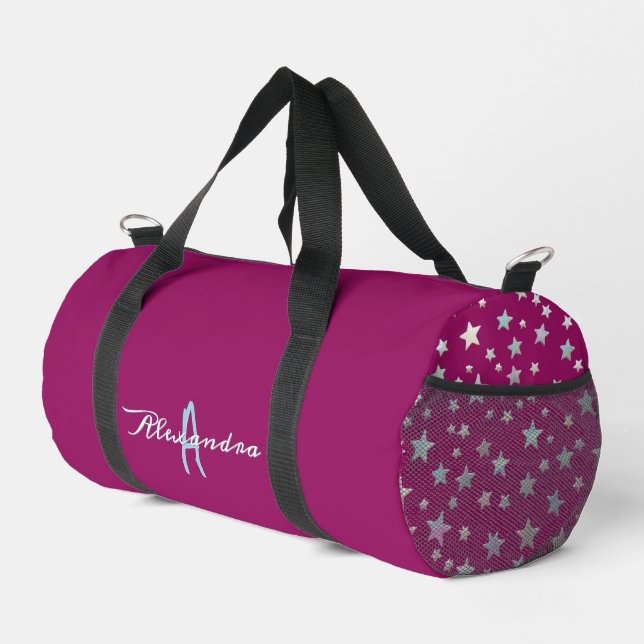 Stars Pattern Magenta Pink Cool Trendy Monogrammed Duffle Bag (Right Corner)