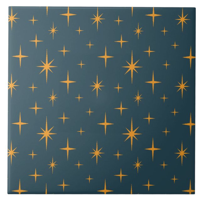 Stars Pattern Mid Century Modern Dark Teal Orange Tile (Front)