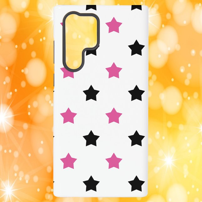 Stars Pattern Pink Black White Samsung Galaxy S22 Ultra Case (A phone case with a pattern of black and pink stars on a white background.)