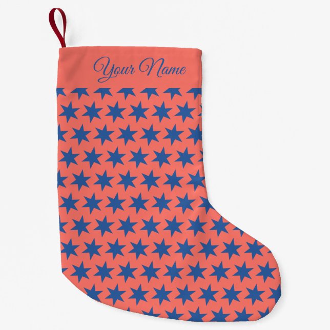 Stars Pattern Trending Colours Coral Blue Name Small Christmas Stocking (Front)