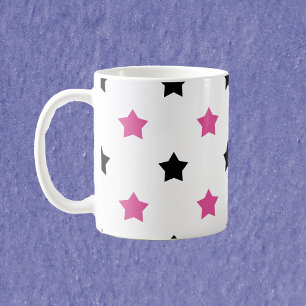 Stars Pink and Black Pattern White Background Coffee Mug
