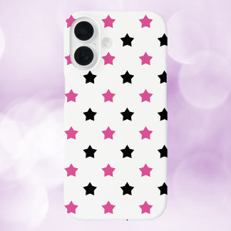 Stars Pink Black Pattern White Background iPhone 16 Case