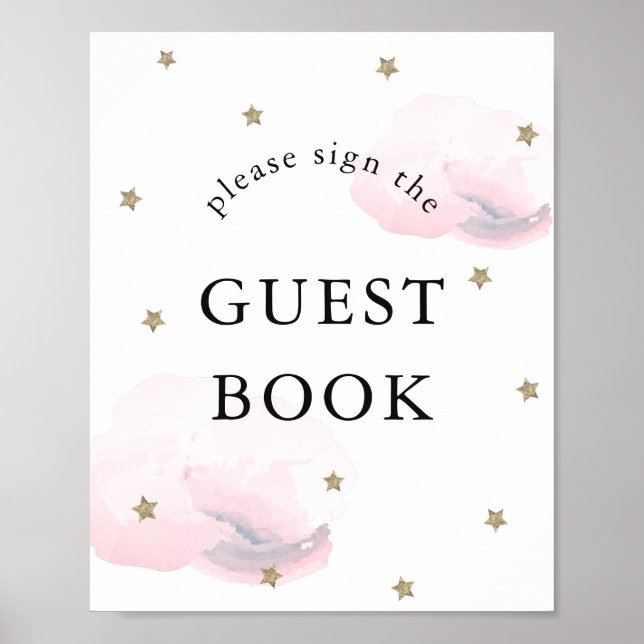 Stars Pink Clouds Baby Shower Guest Book Sign (Front)