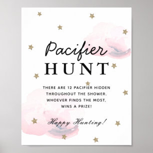 Stars & Pink Clouds Baby Shower Pacifier Hunt Poster