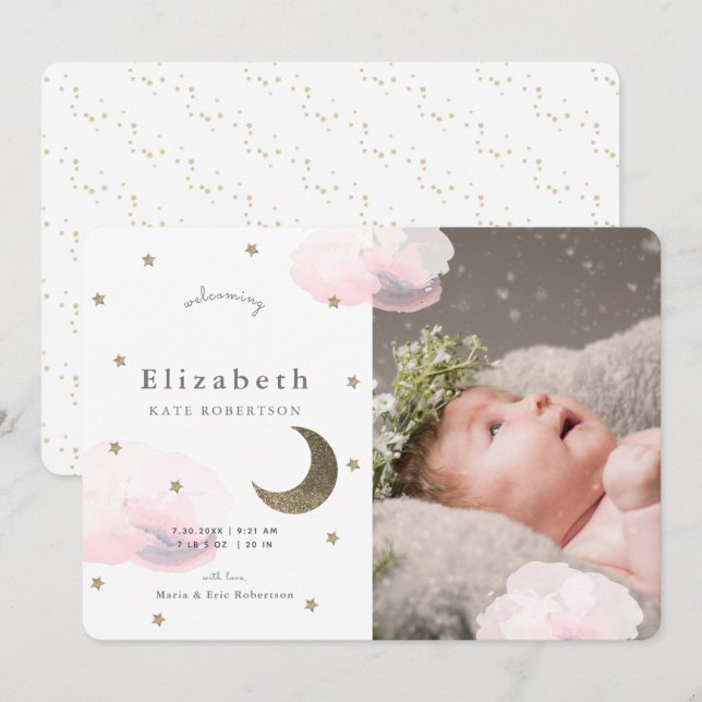 Stars & Pink Clouds Photo Girl Baby Announcement (Front/Back)
