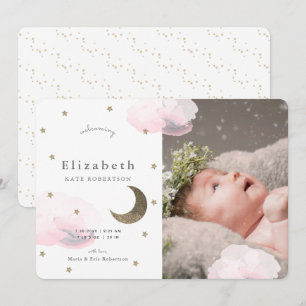Stars & Pink Clouds Photo Girl Baby Announcement