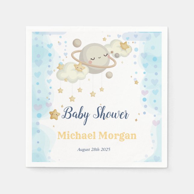 Stars Planet Clouds Blue Baby Shower Napkin (Front)