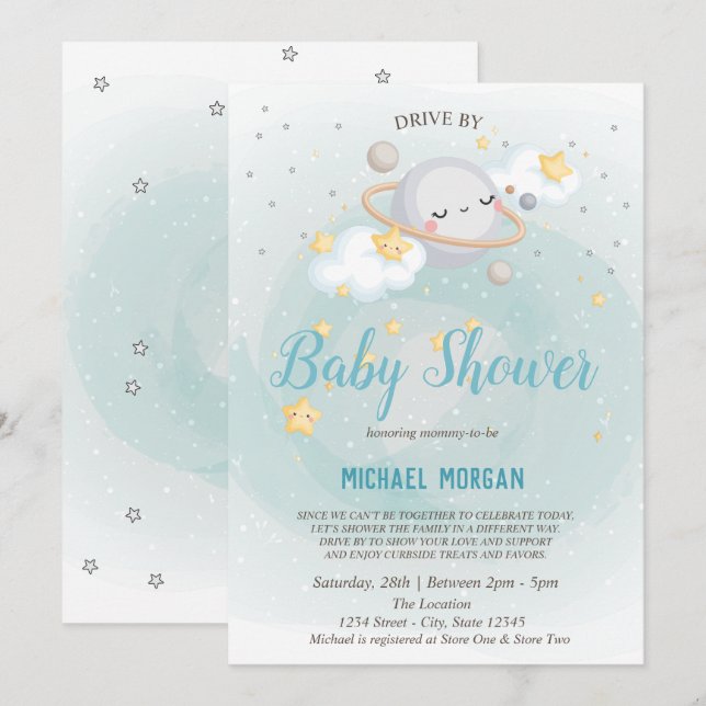 Stars,Planet,Clouds Drive By Baby Shower  Invitation (Front/Back)
