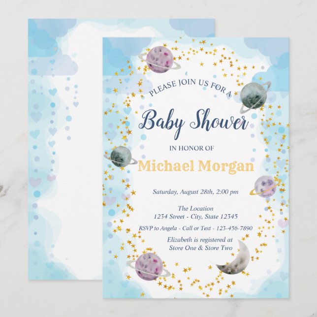 Stars Planets Blue Baby Shower  Invitation (Front/Back)