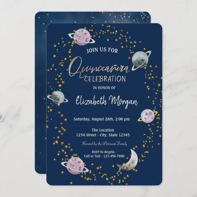 Stars Planets Galaxy Blue Quinceañera   Invitation (Front/Back)