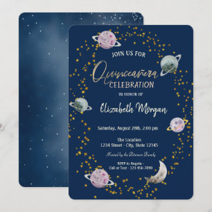 Stars Planets Galaxy Blue Quinceañera   Invitation