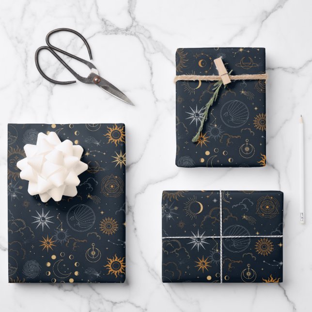 Stars & Planets Pattern Wrapping Paper Sheet (Front)
