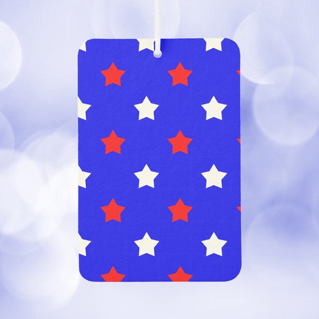Stars Red and White Pattern Blue Background Car Air Freshener (An air freshener with a red and white star pattern on a blue background.)