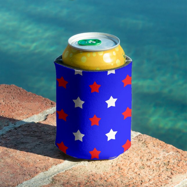 Stars Red White Pattern Blue Background Can Cooler (In Situ Pool)