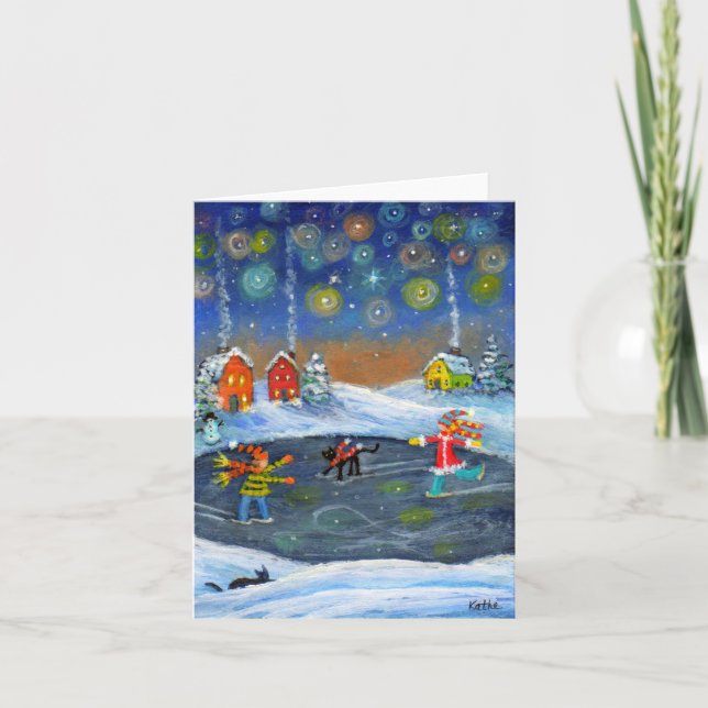 'Stars Skate-a-Rama' cats snow ices holiday Card (Front)