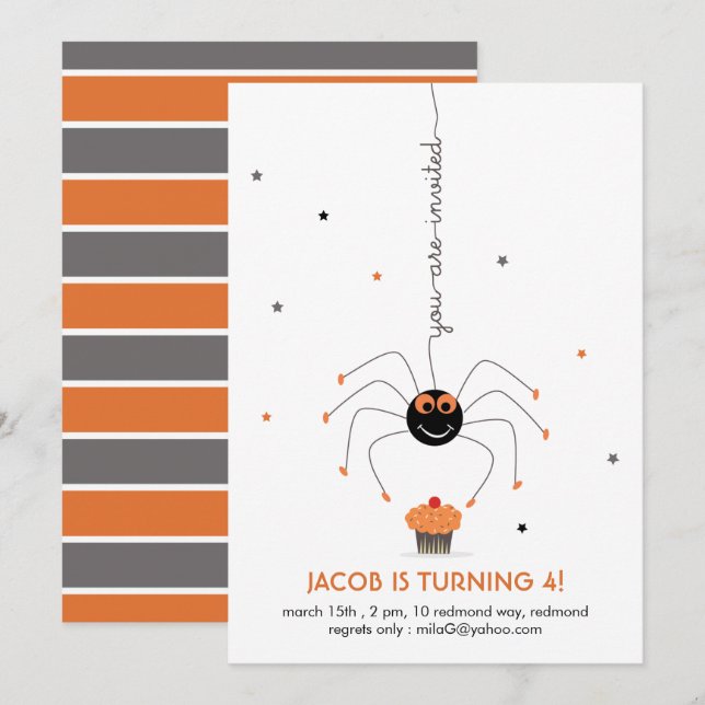 Stars Spider and a cupcake Birthday Party white Invitation (Front/Back)