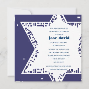 Stars & Squares Bar Bat Mitzvah Invitation Blue