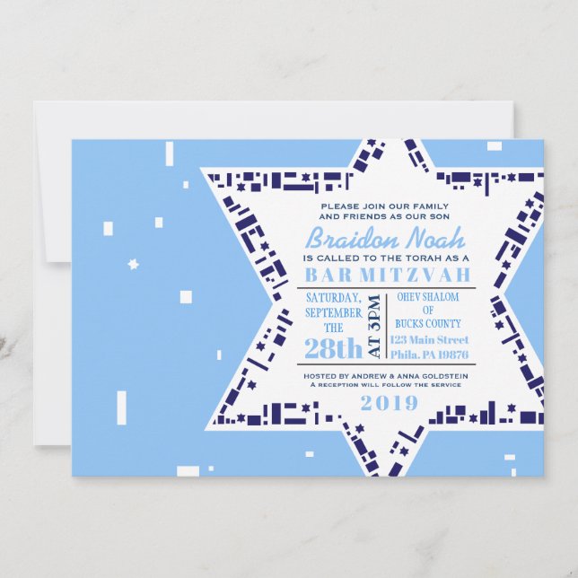 Stars & Squares Bar Bat Mitzvah Invitation Blue (Front)
