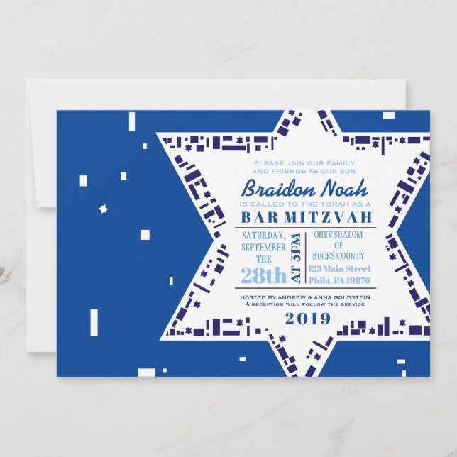 Stars & Squares Bar Bat Mitzvah Invitation Blue (Front)