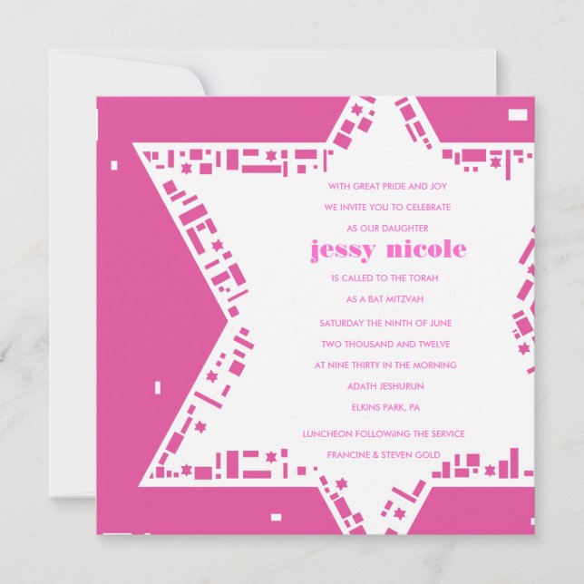 Stars & Squares Bar Bat Mitzvah Invitation Pink (Front)