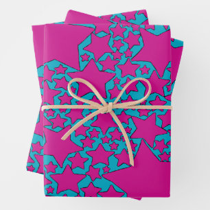 Stars, Stars, Stars in Turquoise and Hot Pink Wrapping Paper Sheet