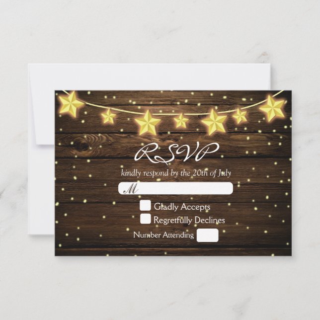 Stars String Lights Rustic Wood Wedding RSVP Card (Front)