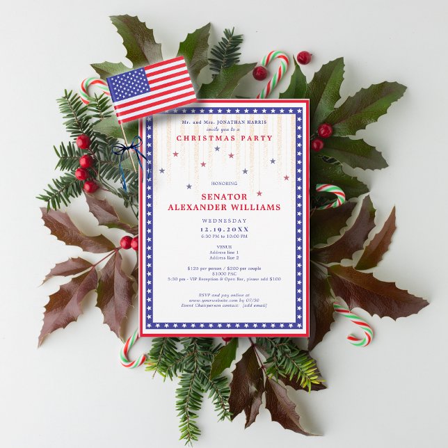 Stars & Stripes American Flag Holiday Fundraiser Invitation (Stars & Stripes American Flag Christmas Political Candidate Party Fundraiser Invitation)