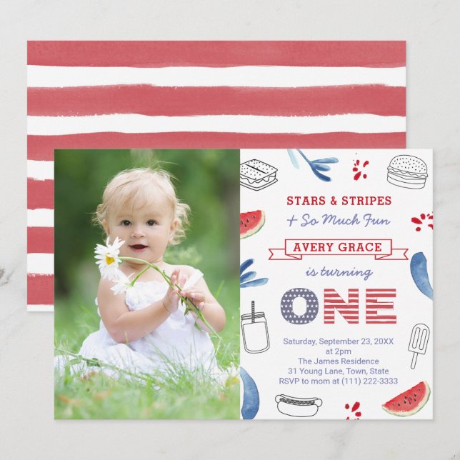 Stars & Stripes And So Much Fun 1st Birthday Party Invitation (Front/Back)