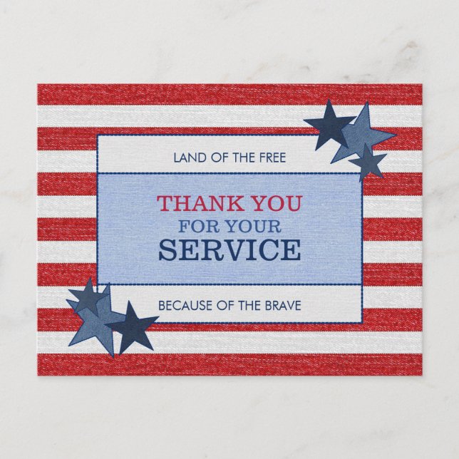 Stars Stripes Denim Patriotic Veteran Thank You Postcard (Front)