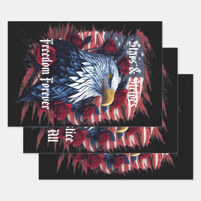 Stars & Stripes Freedom Forever Eagle American  Wrapping Paper Sheet (Set)