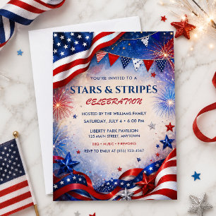 Stars Stripes July 4th Fireworks BBQ Freedom Party Invitation